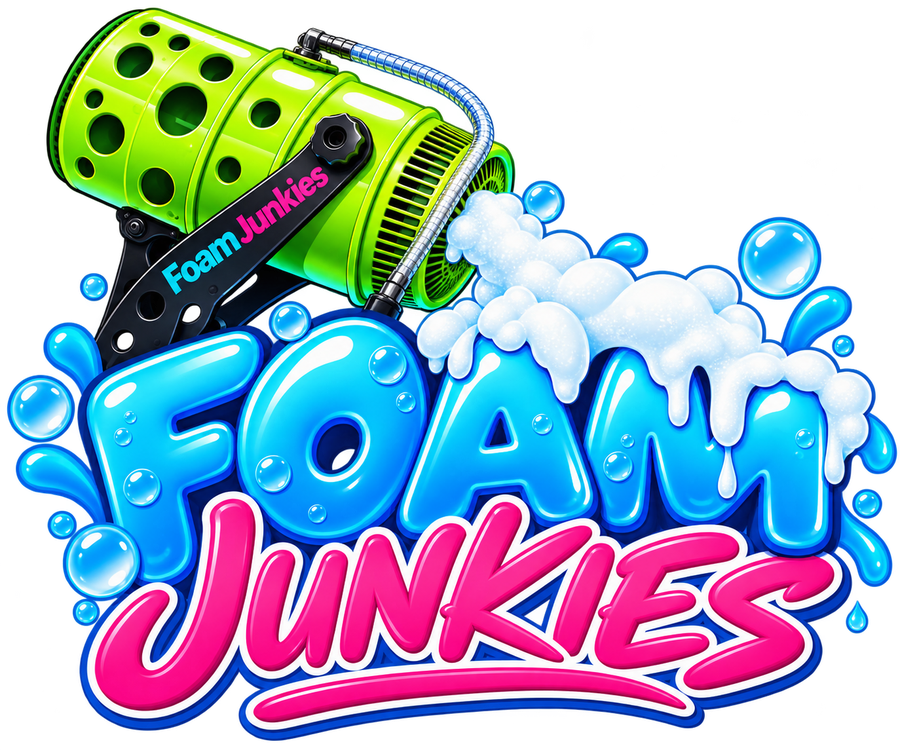 Foam Junkies logo, a foam cannon blasting foam over the Foam Junkies wordmark